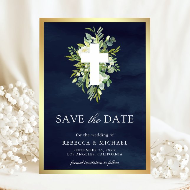 Reserve A Data Cruz Verde Católico Casamento Azul-Marinho Save Th (Criador carregado)