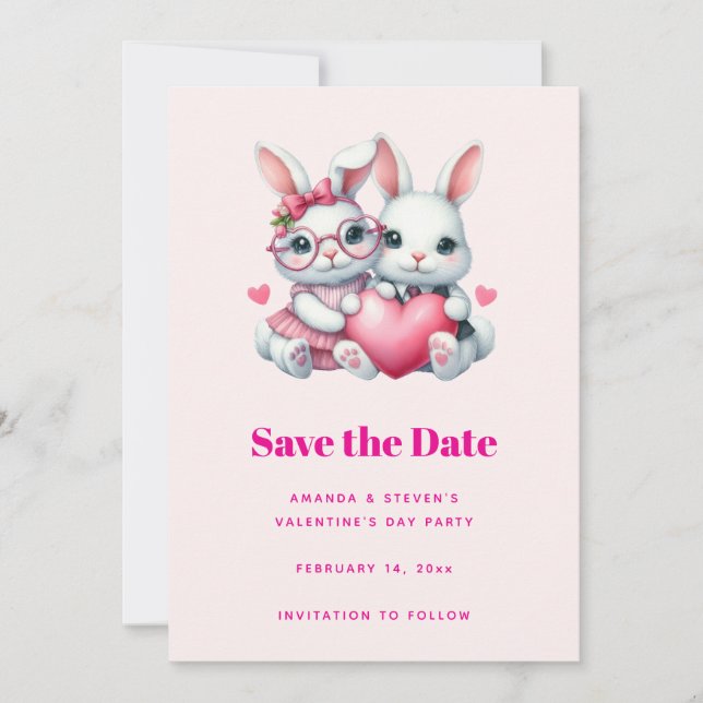 Reserve A Data Cute Bunnies Sharing a Heart Valentine's Party (Frente)