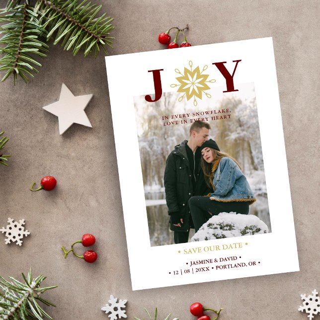 Reserve A Data Cute Christmas Joy Snowflake Red & Fake Gold Photo (Cute Christmas Joy Snowflake in Red and Gold Photo Holiday Card as a Wedding Save the Date Card.)