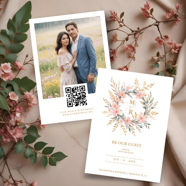 Reserve A Data Cute Delicate Luxury Pink & Golden Floral Wreath (Cute Delicate Luxury Pink & Fake Golden Wedding Spring Floral Wreath Photo Save the Dates Cards.)
