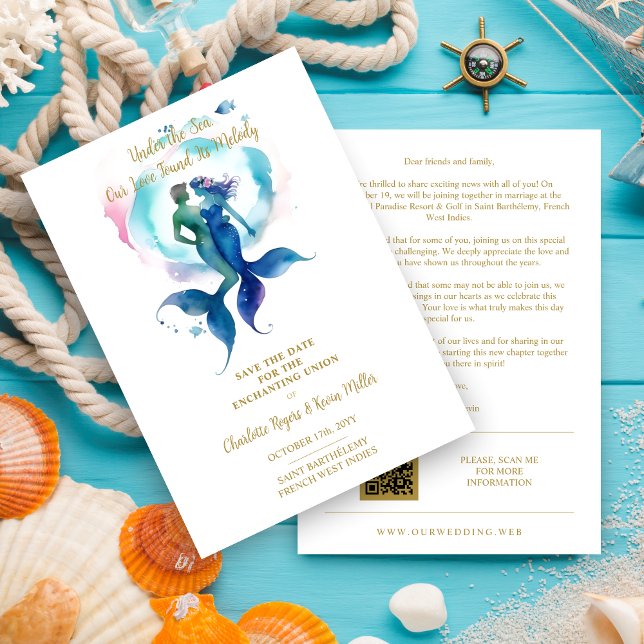Reserve A Data Cute Magical Wedding Mermaid & Triton Romantic (Cute Magical Union Mermaid & Triton Romantic Save the Date Card with Envelope.)