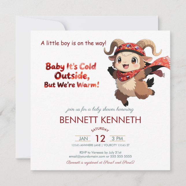 Reserve A Data Cute Ram Winter Boy Baby Shower Invitation (Frente)