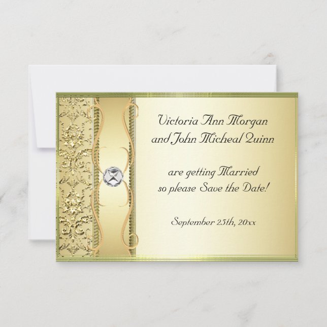 Reserve A Data D2 Dourado no Dourado Damask Save the Date Card (S (Frente)
