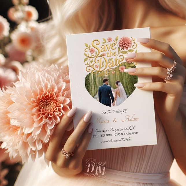 Reserve A Data Dahlias Elegantes Rosa Script Dourado Fotografia d (Criador carregado)
