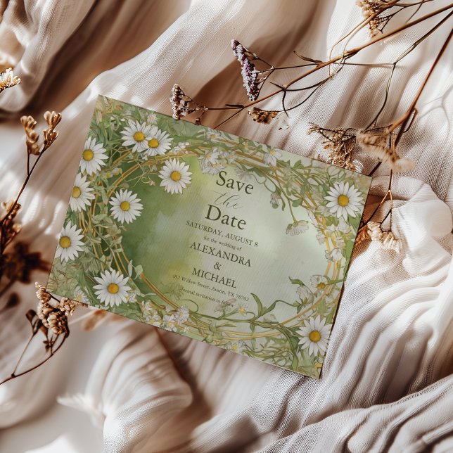Reserve A Data Daisies Art Nouveau Ivory Green Wedding (Criador carregado)