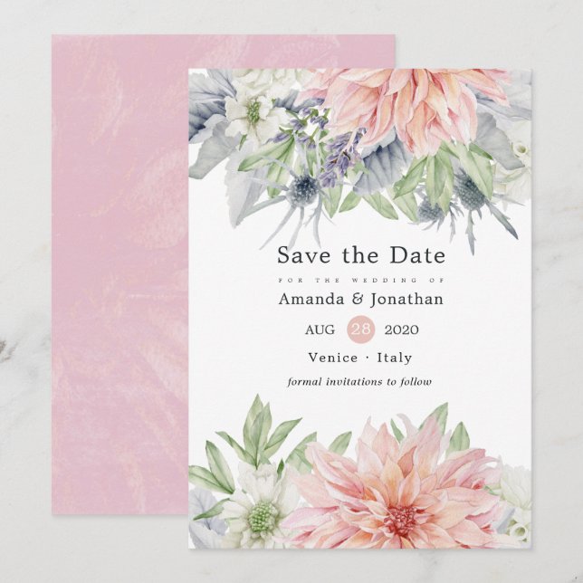 Reserve A Data Dália Rosa Pastel Noivado Save The Date (Frente/Verso)