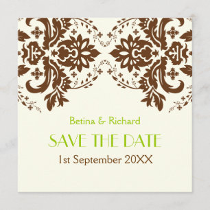 Reserve A Data Damask Brown, verde, casamento de marfim Salve a d