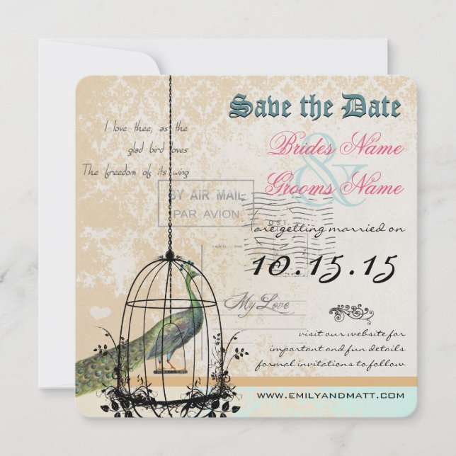 Reserve A Data Damask Peacock Bird Cage Weding Date (Casamento de (Frente)
