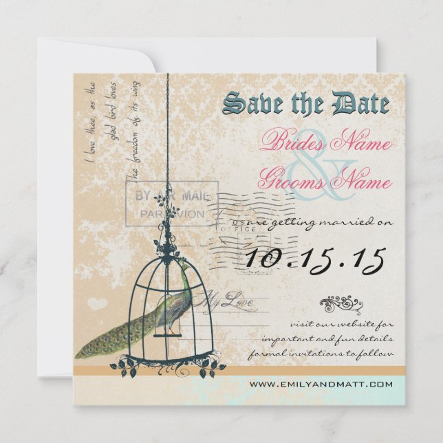 Reserve A Data Damask Peacock Bird Cage Weding Date (Casamento de (Frente)