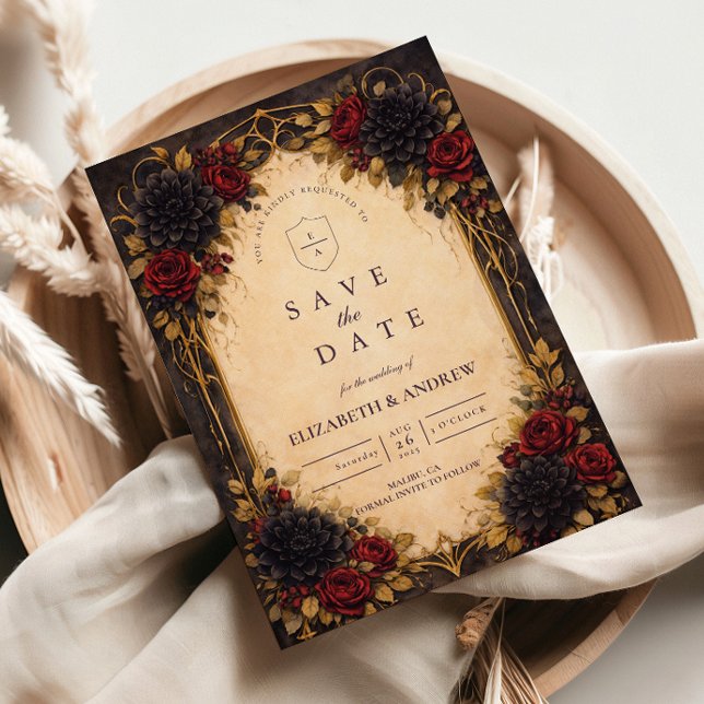 Reserve A Data Dark Baroque Red Floral Wedding (Criador carregado)