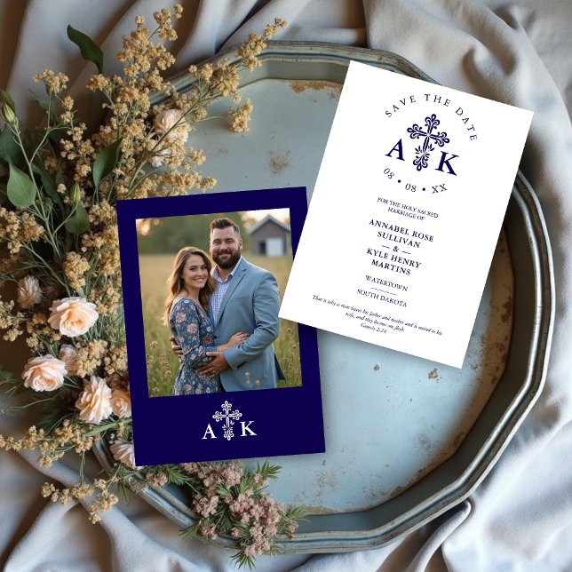 Reserve A Data Dark Blue Ornate Christian Cross Wedding Initials (Dark Blue Ornate Christian Cross Minimalist Wedding Save the Date Cards with Initials and Back Photo)