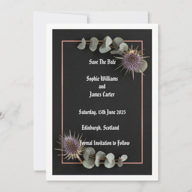 Reserve A Data Dark Botanical Thistle Eucalyptus Casamento Save t (Frente)