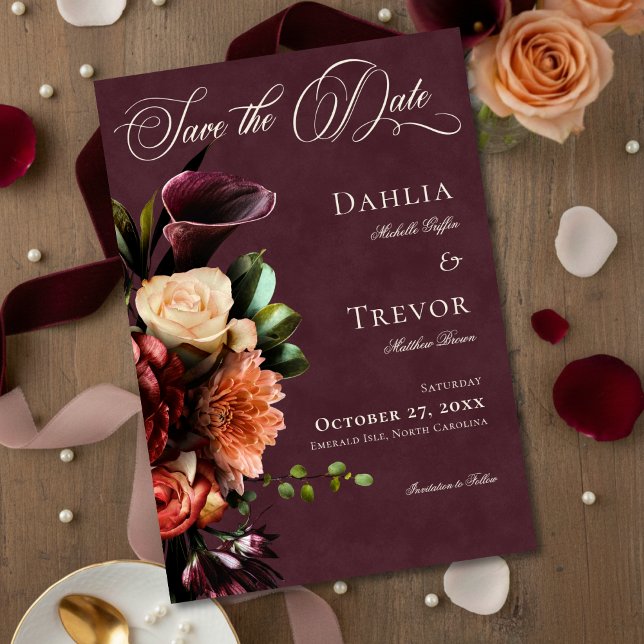 Reserve A Data Dark Elegant Autumn Floral Burgundy Wedding (Criador carregado)