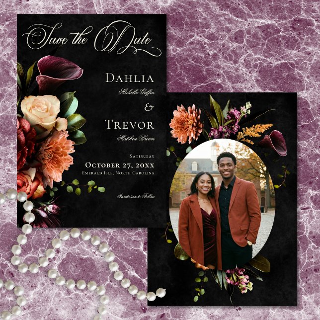 Reserve A Data Dark Elegant Autumn Floral Photo Wedding (Dark Elegant Autumn Floral Photo Wedding Save The Date)