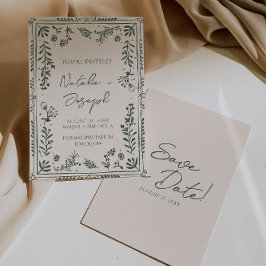 Reserve A Data Dark Green Hand Drawn Floral Garden Boho Wedding 