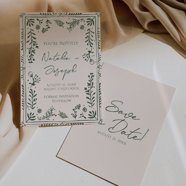 Reserve A Data Dark Green Hand Drawn Floral Garden Boho Wedding  (Criador carregado)