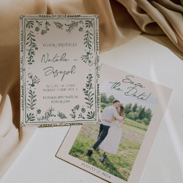 Reserve A Data Dark Green Hand Drawn Floral Garden Photo Wedding 