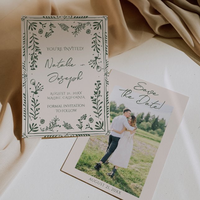 Reserve A Data Dark Green Hand Drawn Floral Garden Photo Wedding  (Criador carregado)