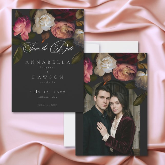 Reserve A Data Dark Moody Burgundy Cream Peonies Black Photo (Dark Moody Burgundy Cream Peonies Black Photo Save The Date)