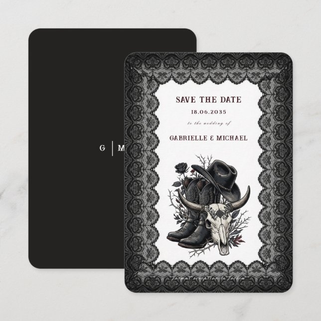 Reserve A Data Dark Western Cowboy Gothic Lace Save The Date (Frente/Verso)
