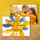 Reserve A Data Data de Salvamento da Foto de Casamento Amarelo Az<br><div class="desc">Casamento único e artístico,  azul e flor de água amarela. Salve o cartão de Data. Personalizado com sua foto no verso. Compre cópias impressas ou solicite o compartilhamento digital com amigos e familiares por e-mail ou nas mídias sociais.</div>