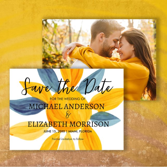 Reserve A Data Data de Salvamento da Foto de Casamento Amarelo Az (Yellow and blue watercolor wedding photo Save the Date)