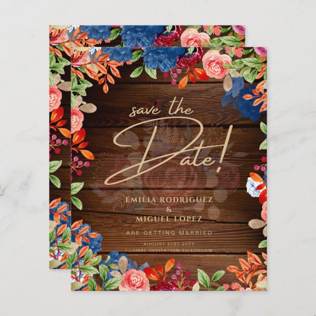 RESERVE A DATA DE CASAMENTO Rústico Burgundy Flora (Frente/Verso)