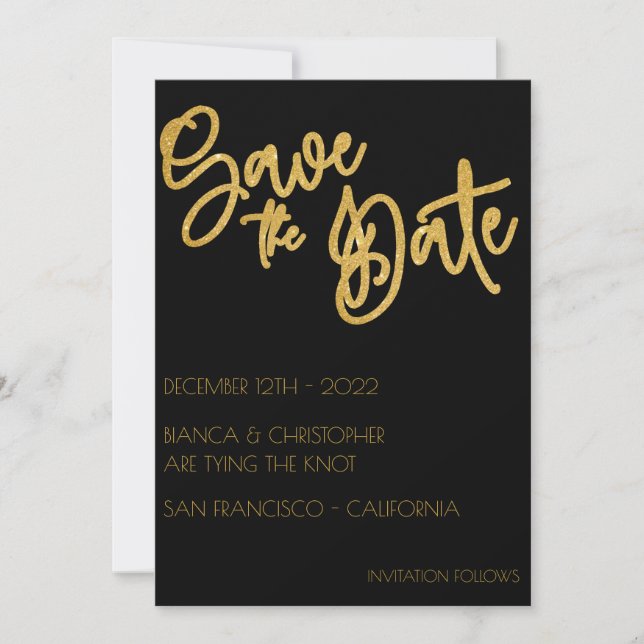 Reserve A Data Deco de Arte de Casamento Dourado Mínimo Preto (Frente)