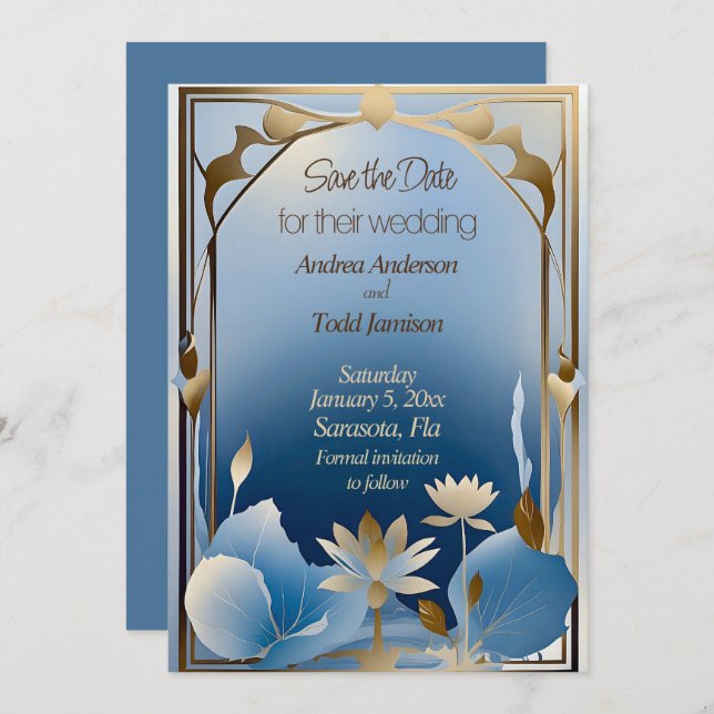 Reserve A Data Deco minimalismo dourado azul flor de lótus (Frente/Verso)