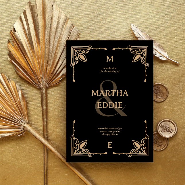 Reserve A Data Deco Moderno | Casamento preto e Dourado (Criador carregado)