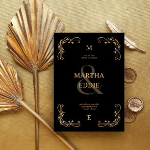 Reserve A Data Deco Moderno Fundo Fotográfico Preto e Dourado p