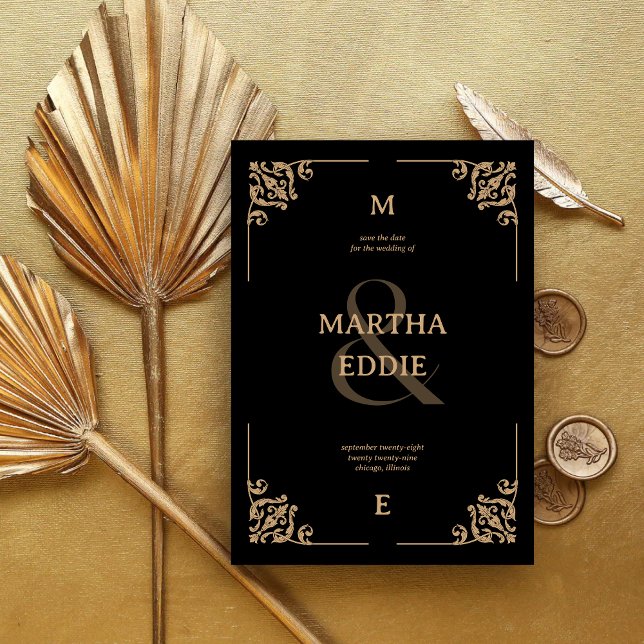 Reserve A Data Deco Moderno | Fundo Preto e Dourado para Fotos de (Modern deco black and gold save the date with photo back shares your wedding day with elegant charm.)