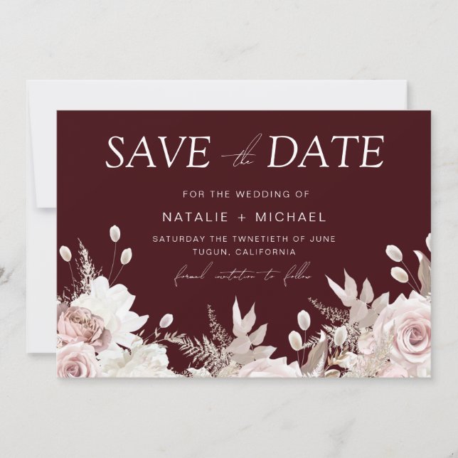 Reserve A Data Deep Burgundy Blush Boho Floral Wedding (Frente)
