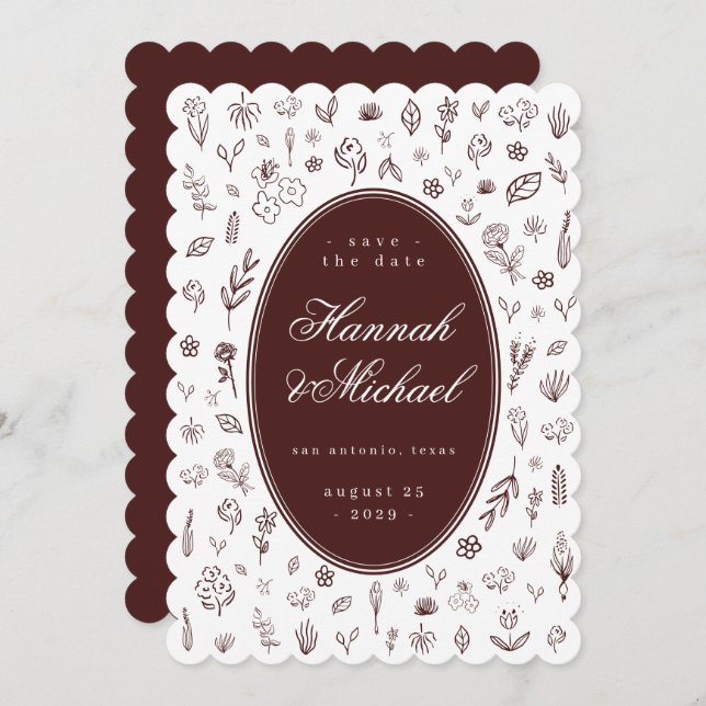 Reserve A Data Deep Burgundy Hand Drawn Flowers Spring Wedding (Frente/Verso)
