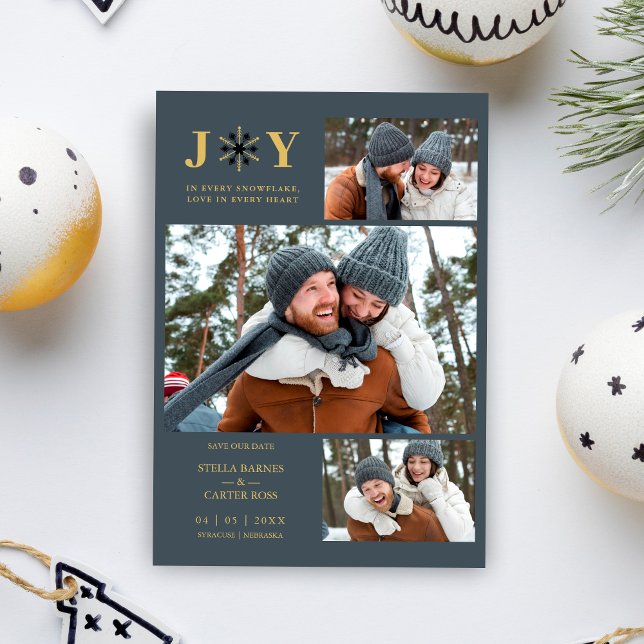 Reserve A Data Delicate Blue & Gold SnowFlake 3 Photos Collage (Delicate Blue & Gold Snowflake 3 Photos Holiday Card with Envelope as a Wedding Save the Date.)