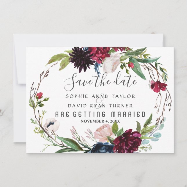 Reserve A Data Delicate Burgundy Blue Floral Wreath Salvar a Data (Frente)