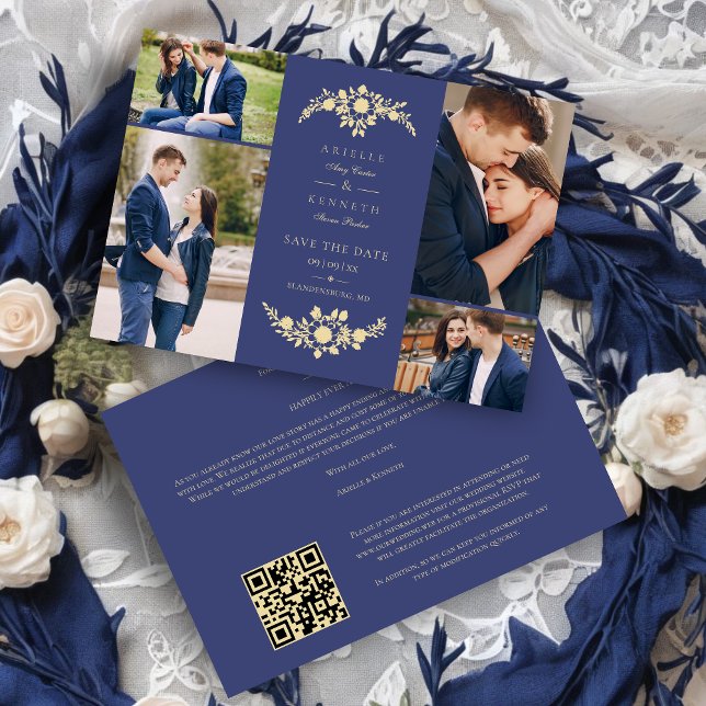 Reserve A Data Delicate Floral Navy Blue & Gold 4 Photos Collage (Delicate Floral Navy Blue & Gold 4 Photos Collage Save the Date)