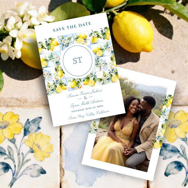 Reserve A Data Delicate Lemon Branch and Flowers Tiles Wedding (Delicate Lemon Branch and Flowers Tiles Wedding Save the Date Cards with Initials and Back Photo.)
