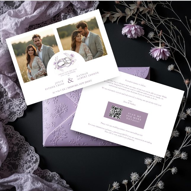 Reserve A Data Delicate Lilac Wedding Rings Floral Wedding (Delicate Lilac Wedding Rings Watercolor Style Flowers Wedding Save the Date Cards with Two Photos.)