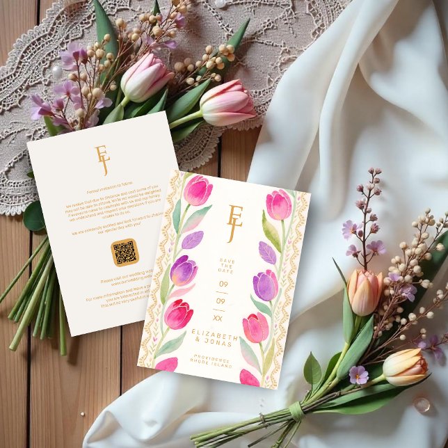 Reserve A Data Delicate Pink & Purple Tulips Border Wedding (Delicate Romantic Pink and Purple Tulips Border Wedding Save the Date Cards with Initials & QR Code.)