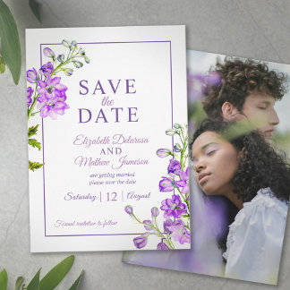 Reserve A Data Delphinium floral save the date purple photo