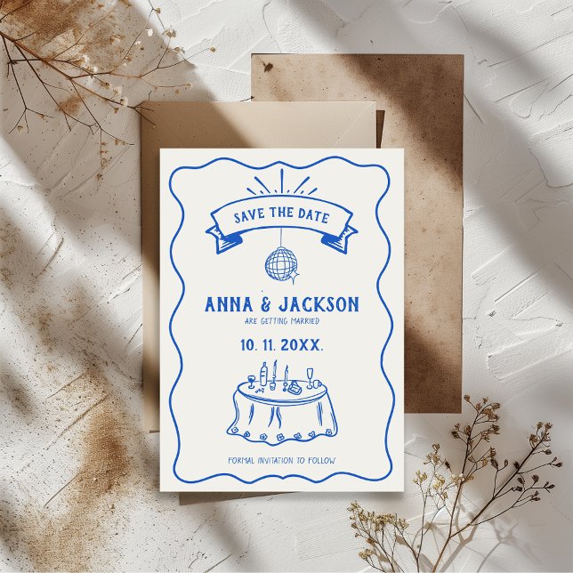 Reserve A Data Desenho Azul de Casamento Excêntrico Ilustrado à M (Retro Hand Illustrated Blue And White Quirky Wedding Save the Date )
