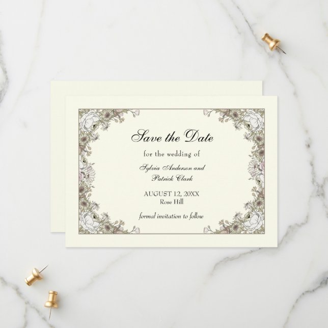 Reserve A Data Desenho de flores marfim casamento romântico (Frente/Verso In Situ)