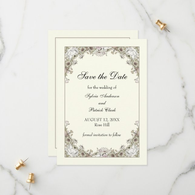 Reserve A Data Desenho de flores marfim casamento romântico (Frente/Verso In Situ)
