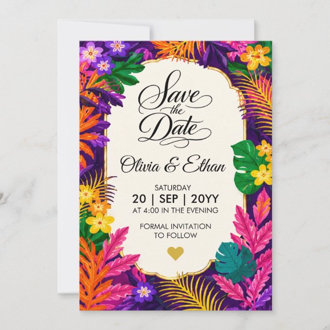 Reserve A Data Desenho Floral de Folhas Tropicais (Frente)