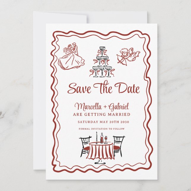 Reserve A Data Desenhos à Mão Italianos Casamento Save The Date (Frente)