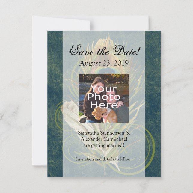 Reserve A Data Detalhe Artístico Pavão Casamento Salve a Data (Frente)