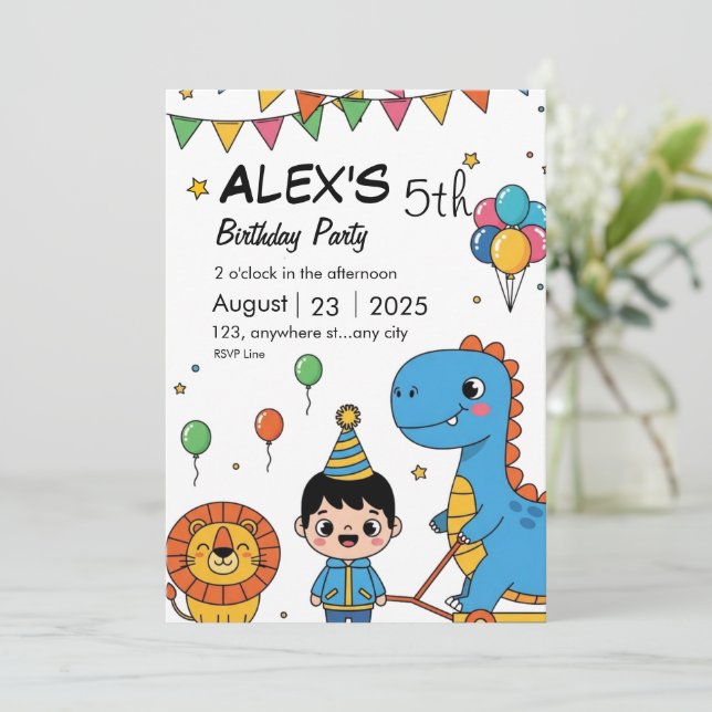 Reserve A Data Dino Jungle Birthday Invitation for Kids (Em pé/Frente)
