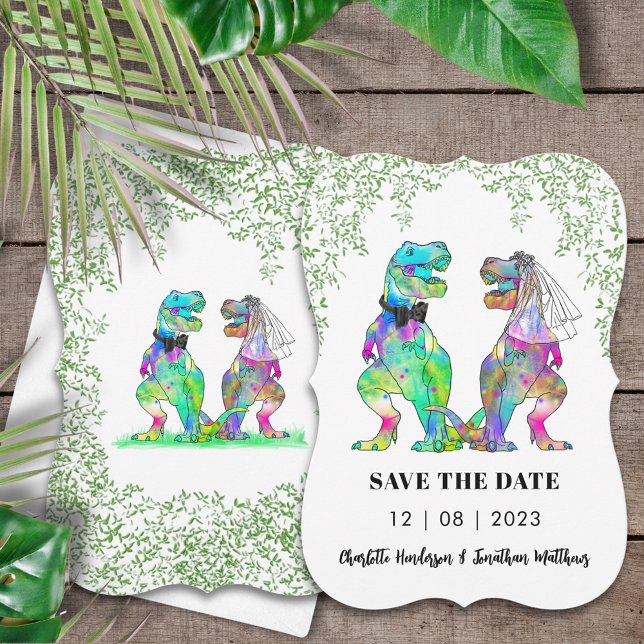 Reserve A Data Dinossaur Themed Wedding (Dinosaur wedding save the date invitation with colorful T-Rex bride & groom Jurassic jungle foliage )