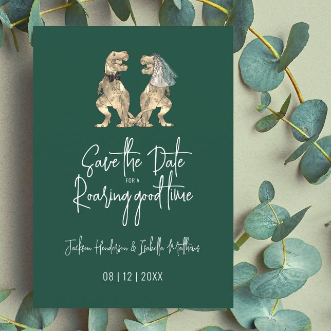 Reserve A Data Dinossaur Wedding Funny T-Rex Bride and Groom (Dinosaur T-Rex bride and groom watercolor dino wedding save the date dark green invitation)